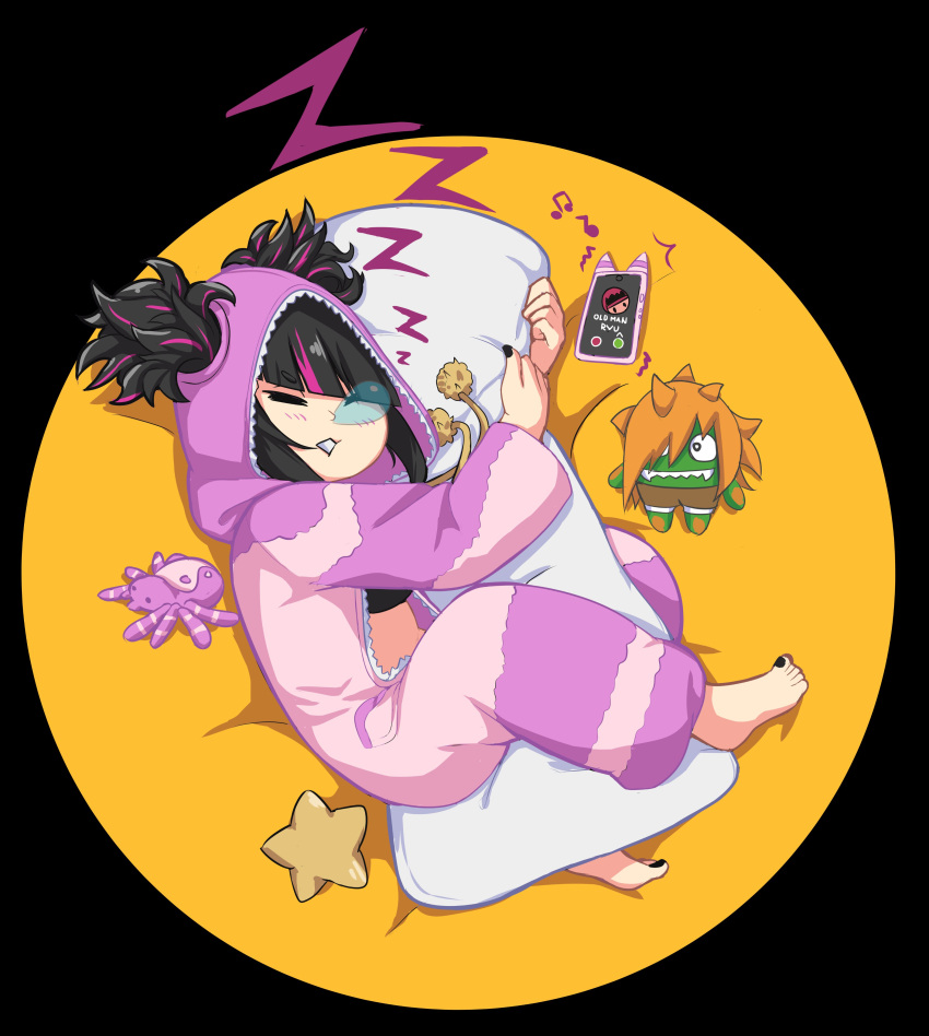 1girl absurdres black_nails blanka-chan cellphone han_juri highres multicolored_hair nose_bubble object_hug official_alternate_costume official_alternate_hairstyle pajamas phone pillow pillow_hug pink_pajamas rewoqs ryu_(street_fighter) sleeping smartphone solo street_fighter street_fighter_6 stuffed_spider twintails zzz