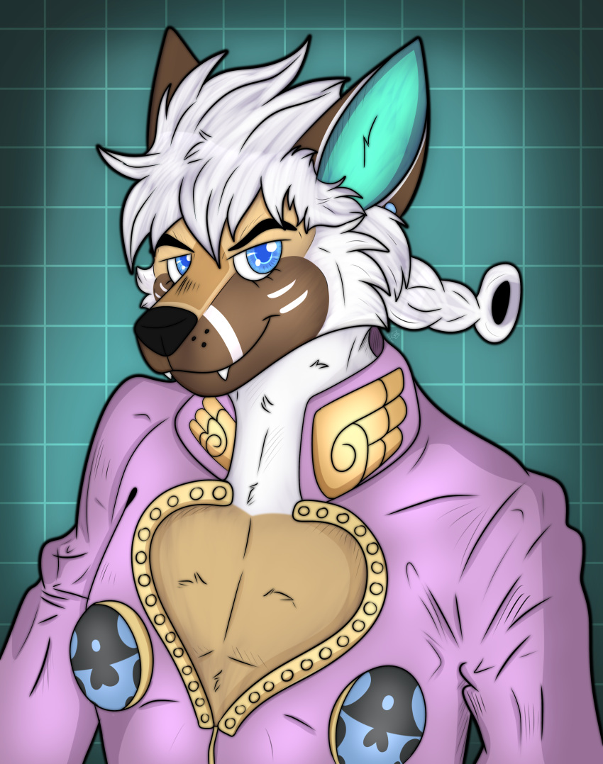 absurd_res ame ameko artist_feroxart bust_portrait canid cleavage_cutout cosplay geometric_background giorno_giovanna grid_background hair hi_res jojo's_bizarre_adventure male mammal pattern_background portrait simple_background solo white_hair