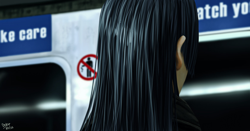 1girl black_hair dated from_behind highres hololive hololive_english indoors long_hair no_smoking ouro_kronii signature solo steb train_interior virtual_youtuber