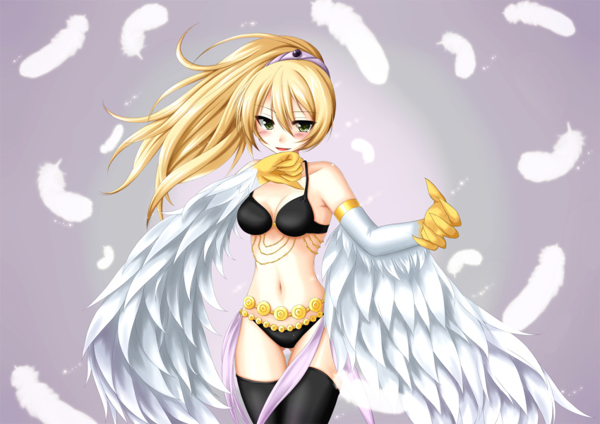 1girl black_thighhighs blonde_hair blush breasts claws cleavage duel_monster feathered_wings feathers gradient_background green_eyes harpie_dancer harpy highres kazami_ren_(fuushagoya) long_hair looking_at_viewer monster_girl navel open_mouth ponytail purple_background solo thighhighs white_feathers white_wings winged_arms wings yu-gi-oh!