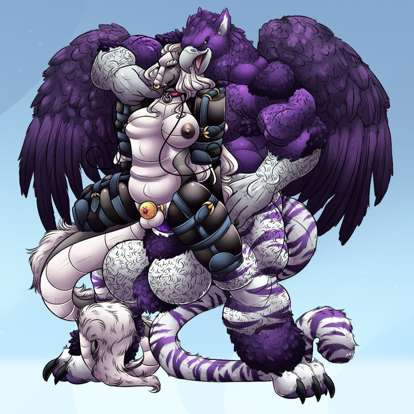 abdominal_bulge afoxywitch anthro avian balls big_balls big_dom_small_sub big_penis binder_(restraint) chastity_cage chastity_device dominant dragon eastern_dragon genitals gryphon hi_res huge_penis mythological_avian mythology penis restraints size_difference