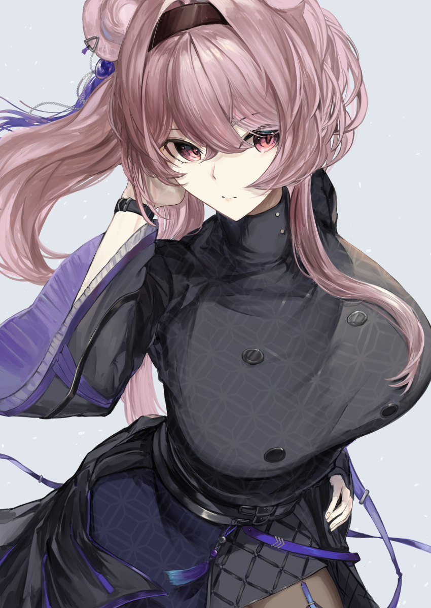 1girl absurdres arknights black_dress black_hairband breasts commentary_request cowboy_shot dress grey_background hairband hand_up highres huge_breasts kajuu lin_(arknights) long_hair long_sleeves looking_at_viewer purple_eyes solo standing
