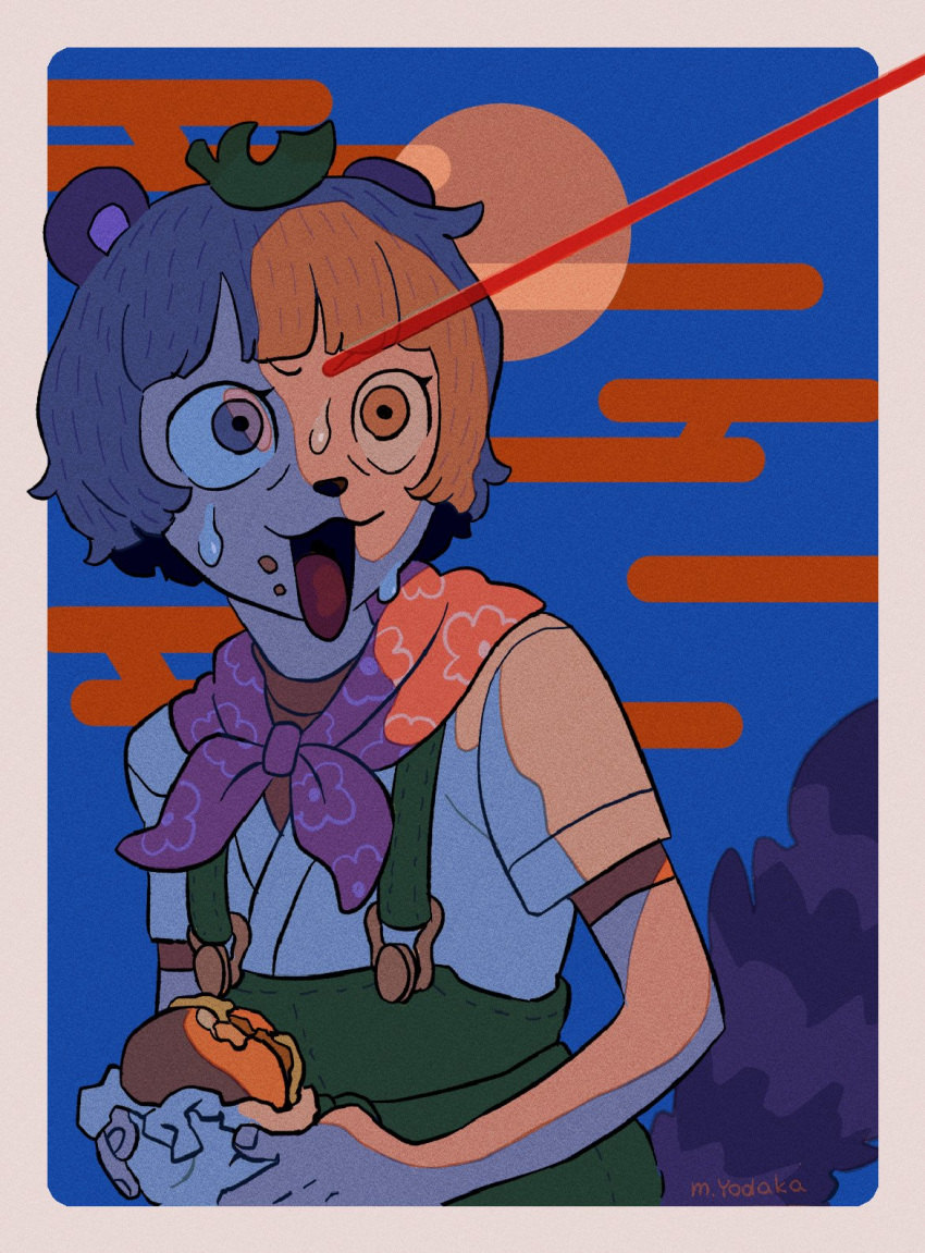 1girl :3 animal_ears animal_nose artist_name bandana_around_neck blue_background blunt_bangs border burger commentary_request egasumi food food_bite food_on_face full_moon furrowed_brow green_overalls grey_eyes grey_hair highres holding holding_food laser laser_pointer_projection leaf leaf_on_head looking_to_the_side mode_aim moon mukudori_yodaka nervous nervous_sweating open_mouth orange_shirt outside_border peril ponpoko_(vtuber) raccoon_ears raccoon_girl raccoon_tail shirt short_sleeves simple_background solo sweat tail tail_raised undershirt upper_body virtual_youtuber white_border wide-eyed