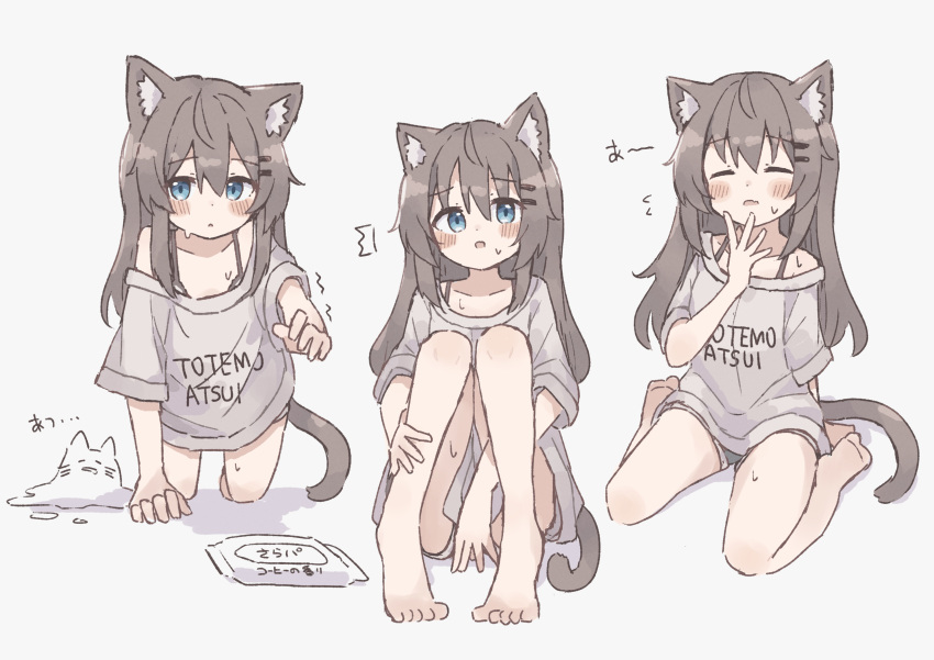 1girl :&lt; absurdres animal_ear_fluff animal_ears barefoot blue_eyes blue_shorts blush_stickers brown_hair cat_ears cat_girl cat_tail colon_br dot_nose grey_shirt hair_between_eyes hair_ornament hairclip highres knees_to_chest knees_together_feet_apart knees_up long_hair multiple_views open_mouth original raised_eyebrows shirt short_shorts short_sleeves shorts sidelocks simple_background sitting straight_hair tail toes wariza white_background