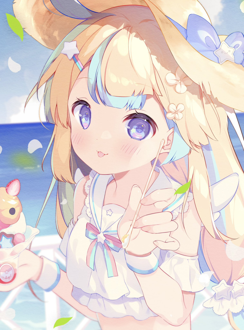 1girl amakawa_hano aqua_hair blonde_hair blue_eyes blue_wristband blush bow hair_bow hair_ornament hairclip highres long_hair looking_at_viewer multicolored_hair pink_wristband rainbow_hair_ornament re:act shooting_star_(symbol) solo star_(symbol) star_hair_ornament suzuhara_(13yuuno) two-tone_hair virtual_youtuber