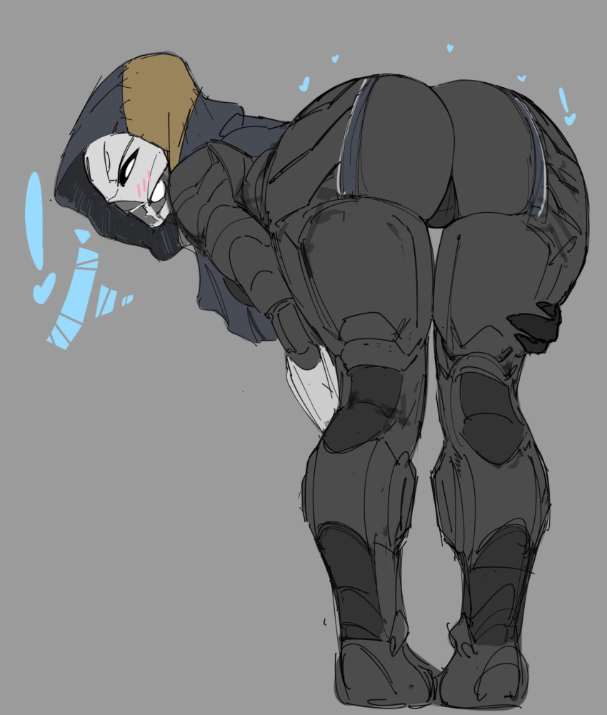 &lt;3 2022 bent_over big_butt biped black_sclera blush blush_lines bodysuit butt clothed clothing destiny_(video_game) destiny_2 exclamation_point exo_stranger female flat_colors fully_clothed grey_background grey_clothing hi_res hood humanoid looking_at_viewer looking_back looking_back_at_viewer machine noseless not_furry presenting presenting_hindquarters rear_view robot robot_humanoid seductive simple_background sketch skinsuit solo spookyboi standing thick_thighs tight_clothing white_eyes wide_hips
