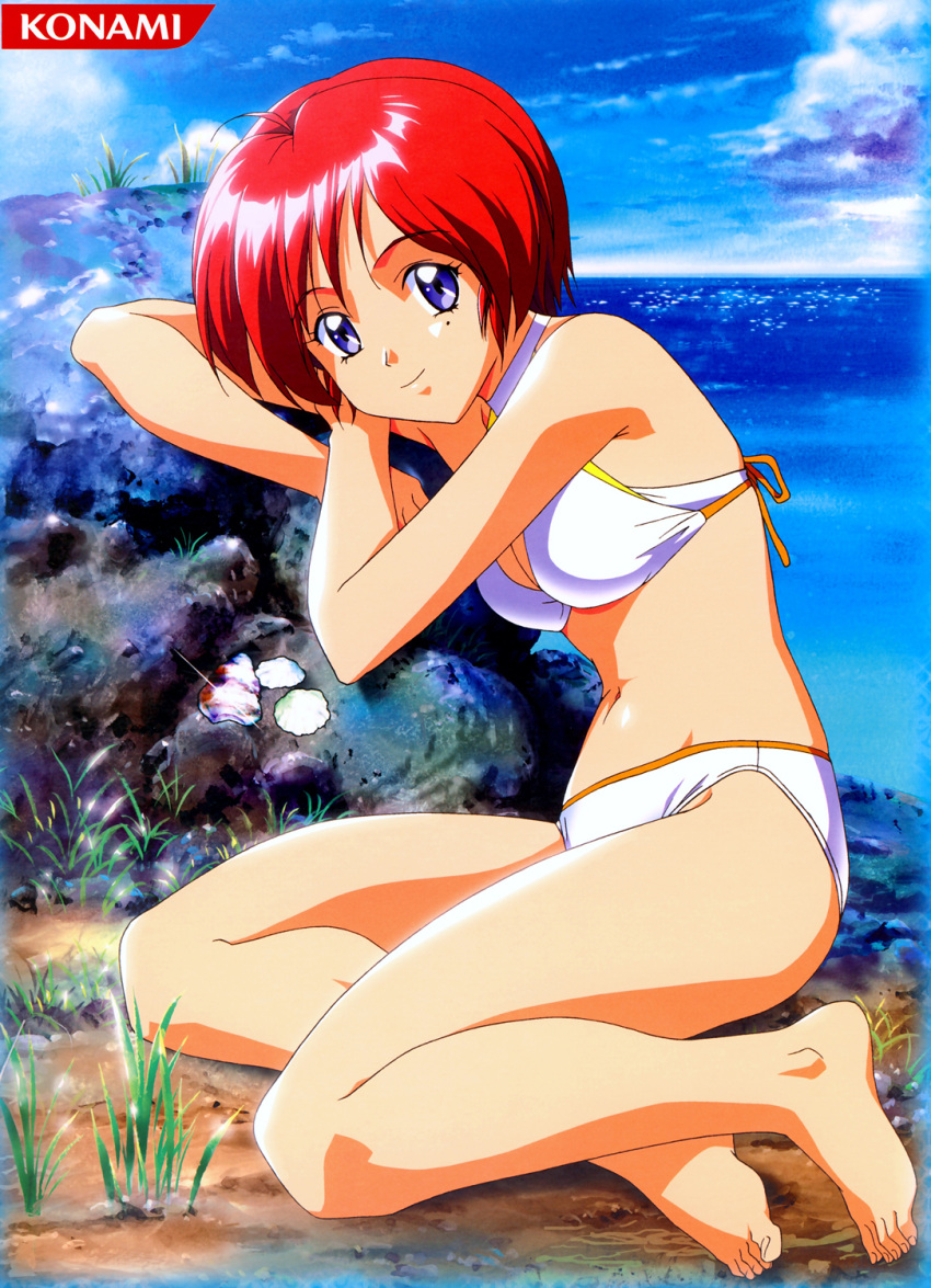 1990s_(style) 1girl against_rock barefoot beach bikini blue_eyes company_name crossed_arms day full_body highres hinomoto_hikari kokura_masashi logo looking_at_viewer mole mole_under_eye navel non-web_source official_art outdoors red_hair retro_artstyle short_hair smile solo swimsuit tokimeki_memorial tokimeki_memorial_2 white_bikini