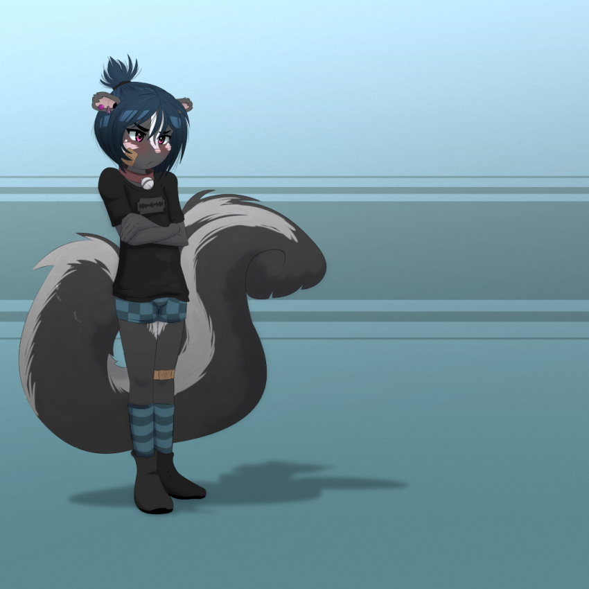 anthro bandage bandaged_leg bell bell_collar black_body black_fur blue_hair blush clothed clothing collar female flat_chested footwear fur gothbunnyboy hair ketzio mammal mephitid pouting purple_eyes shoes skunk socks solo tail veronica_(natani) young