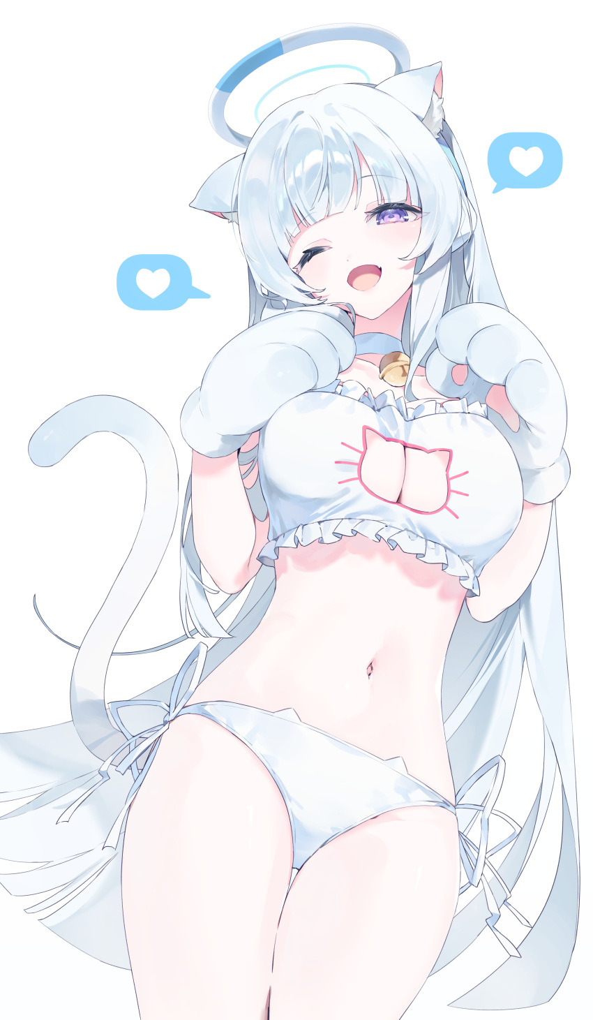 1girl absurdres animal_ear_fluff animal_ears animal_hands bell blue_archive blue_hair blunt_bangs breasts cat_cutout cat_ears cat_girl cat_lingerie cat_tail choker cleavage_cutout clothing_cutout cowboy_shot fang frilled_tube_top gloves halo headgear heart highres kemonomimi_mode large_breasts light_blue_hair long_hair looking_at_viewer mechanical_halo meme_attire meunhongcha midriff navel neck_bell noa_(blue_archive) one_eye_closed open_mouth panties parted_bangs paw_gloves purple_eyes side-tie_panties simple_background skin_fang solo spoken_heart tail thigh_gap thighs underwear very_long_hair white_background white_choker white_halo