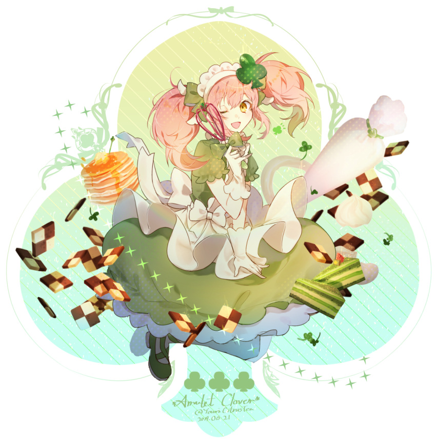 1girl amulet_clover apron blush character_name clover clover_hair_ornament dress food full_body gloves green_dress hair_ornament hairband highres hinamori_amu holding holding_whisk maid maid_headdress one_eye_closed open_mouth orange_eyes pancake pink_hair shugo_chara! smile solo twintails whisk white_background white_gloves white_hairband youmicitrustea