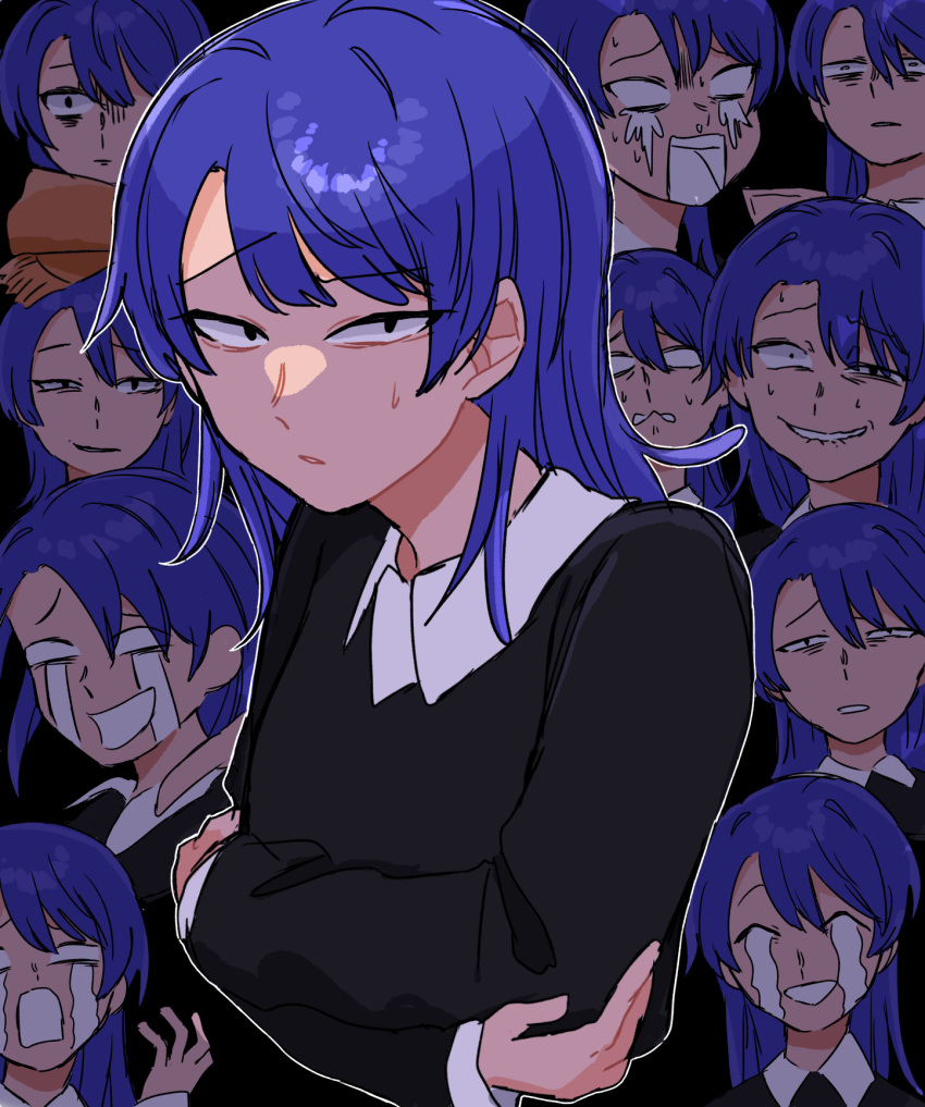 1girl :/ ado_(singer) alexkota1115 atashi_wa_mondaisaku black_background blue_hair clenched_teeth closed_mouth collared_shirt constricted_pupils crying expressions forced_smile grin highres laughing long_hair long_sleeves multiple_views no_pupils open_mouth orange_scarf portrait sanpaku scarf self_hug shirt shouting smile streaming_tears sweat sweatdrop sweating_profusely tears teeth unamused upper_body wavy_mouth