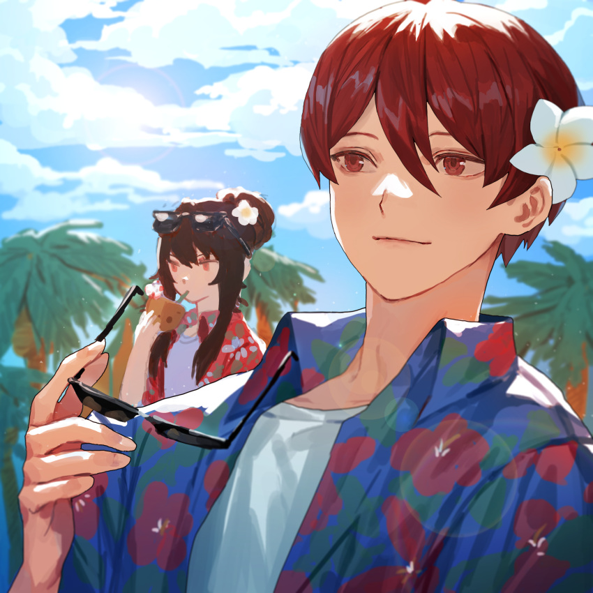 1boy 1girl blue_shirt blue_sky brown_hair carol0905 cloud coconut floral_print flower hair_flower hair_ornament hair_up hawaiian_shirt highres holding holding_eyewear husband_and_wife library_of_ruina long_hair lowell_(library_of_ruina) palm_tree project_moon red_eyes red_hair red_shirt shirt sky sunglasses tree upper_body very_long_hair white_flower white_shirt xiao_(library_of_ruina)