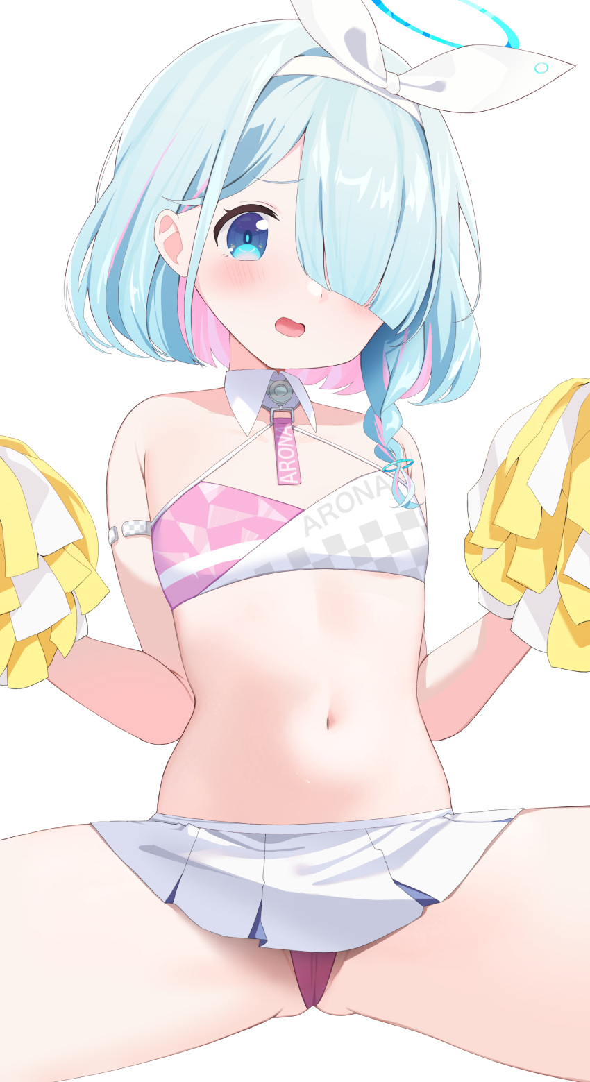 1girl aamana0 absurdres arona_(blue_archive) bare_shoulders blue_archive blue_eyes blue_hair blush cheerleader collar colored_inner_hair commentary_request cosplay crop_top detached_collar flat_chest hair_over_one_eye hairband halo hibiki_(blue_archive) hibiki_(blue_archive)_(cosplay) hibiki_(cheerleader)_(blue_archive) highres holding holding_pom_poms looking_at_viewer microskirt multicolored_hair navel open_mouth panties pantyshot pink_hair pink_panties pleated_skirt pom_pom_(cheerleading) short_hair simple_background skirt solo stomach streaked_hair underwear white_background white_collar white_hairband white_skirt