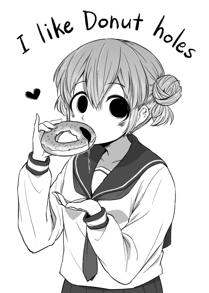 1girl 4shi bags_under_eyes black_eyes collarbone dango-chan_(4shi) double_bun doughnut dripping drooling english_text facing_away food food_bite hair_between_eyes hair_bun hand_up hands_up heart highres holding holding_food hollow_eyes hollow_mouth long_sleeves looking_at_viewer neckerchief open_mouth optical_illusion original pleated_skirt raised_eyebrows sailor_collar saliva school_uniform serafuku shirt short_hair simple_background skirt solo upper_body white_background white_theme