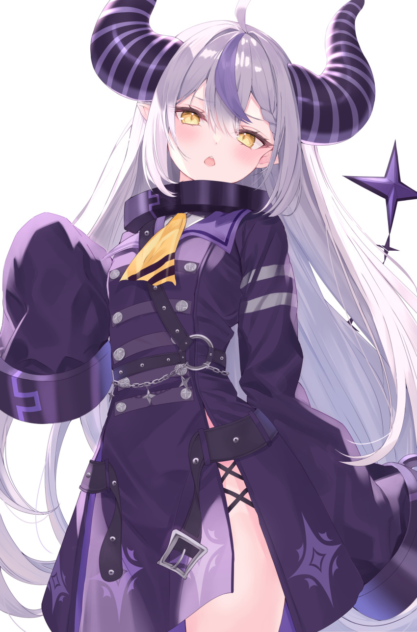 1girl ahoge ascot blush coat collar commentary demon_girl demon_horns grey_hair hair_between_eyes hand_up highres hololive horns la+_darknesss long_hair long_sleeves looking_at_viewer metal_collar multicolored_hair o-ring open_mouth pantyhose pointy_ears purple_coat purple_hair purple_pantyhose sakura_yunuto side_slit sidelocks simple_background single_leg_pantyhose sleeves_past_fingers sleeves_past_wrists solo streaked_hair striped_horns very_long_hair virtual_youtuber white_background wide_sleeves yellow_ascot yellow_eyes