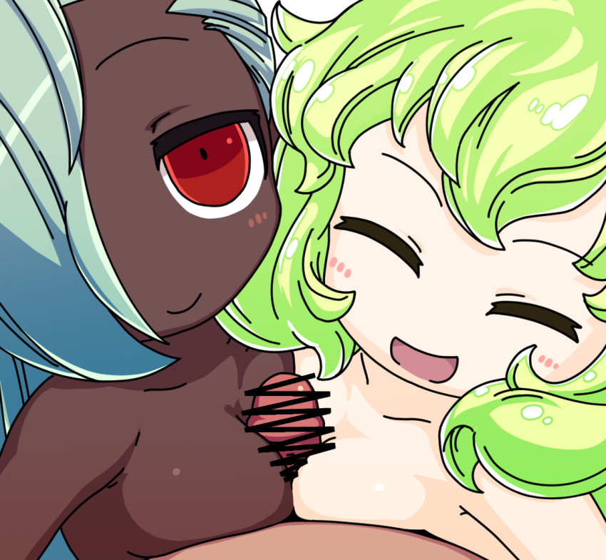 1boy 2girls akai_(ugokashitari) armpit_crease blue_hair blush censored closed_eyes collarbone cooperative_paizuri dark_elf dark_skin double_paizuri elf green_hair long_hair looking_at_viewer multiple_girls nude open_mouth original paizuri pointy_ears red_eyes smile white_background