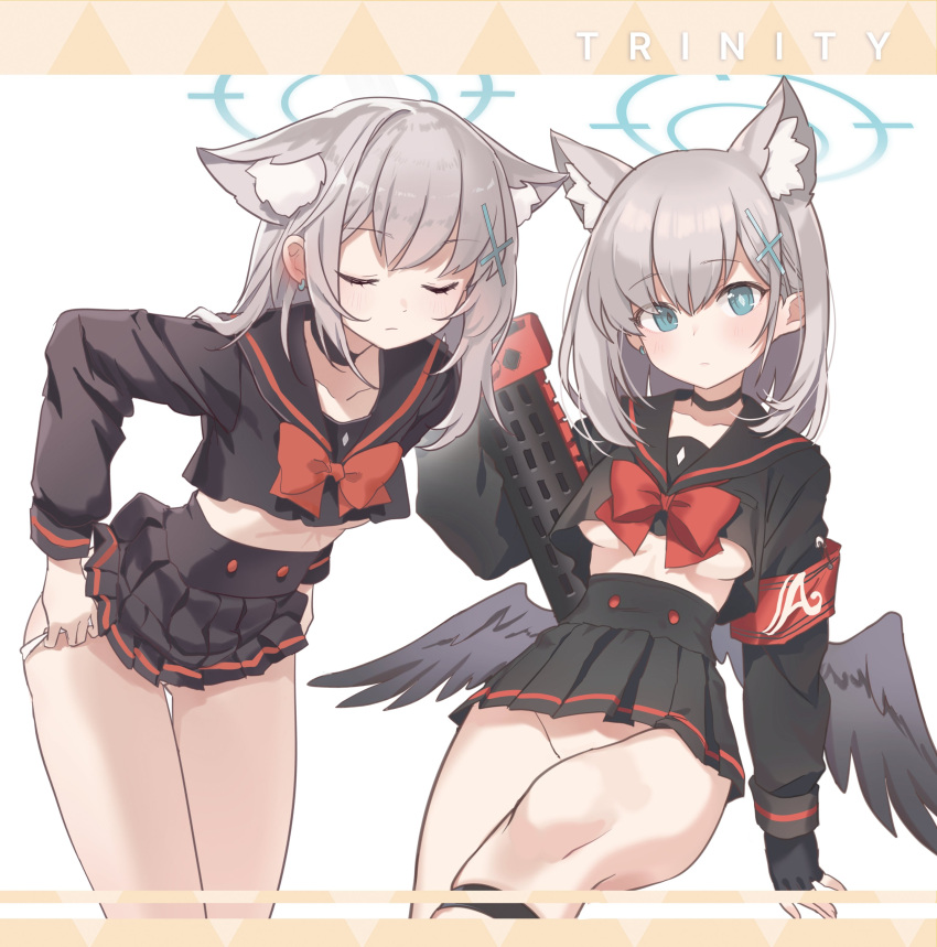 1girl absurdres animal_ear_fluff animal_ears armband black_choker black_sailor_collar black_serafuku black_shirt black_skirt blue_archive blue_eyes bow bowtie breasts choker closed_eyes closed_mouth cosplay crop_top crop_top_overhang extra_ears feathered_wings fox_ears goyain grey_hair hair_ornament hairclip halo high-waist_skirt highres holding holding_weapon leaning_forward long_sleeves low_wings mashiro_(blue_archive) mashiro_(blue_archive)_(cosplay) medium_breasts midriff miniskirt mismatched_pupils multiple_views no_panties panties pleated_skirt sailor_collar school_uniform serafuku shiroko_(blue_archive) shirt sitting skirt standing thighs underboob underwear undressing weapon white_panties wings
