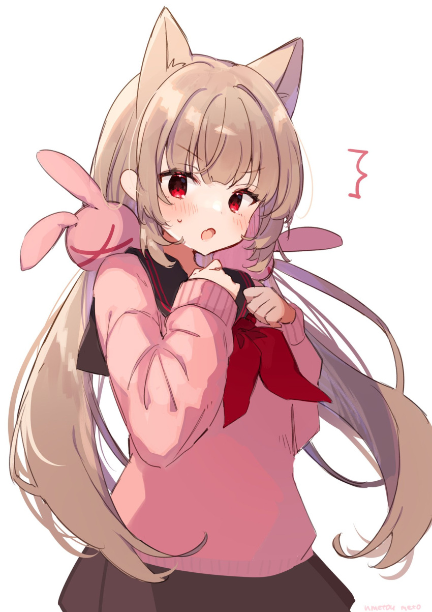 &gt;_&lt; 1girl :o animal_ears black_sailor_collar black_skirt blush cat_ears commentary_request hair_ornament hands_up highres light_brown_hair long_hair long_sleeves looking_at_viewer low_twintails natori_sana neckerchief open_mouth pink_sweater pleated_skirt rabbit_hair_ornament red_eyes red_neckerchief sailor_collar sana_channel school_uniform serafuku simple_background skirt sleeves_past_wrists solo sweatdrop sweater twintails umetoumeto v-shaped_eyebrows very_long_hair virtual_youtuber white_background