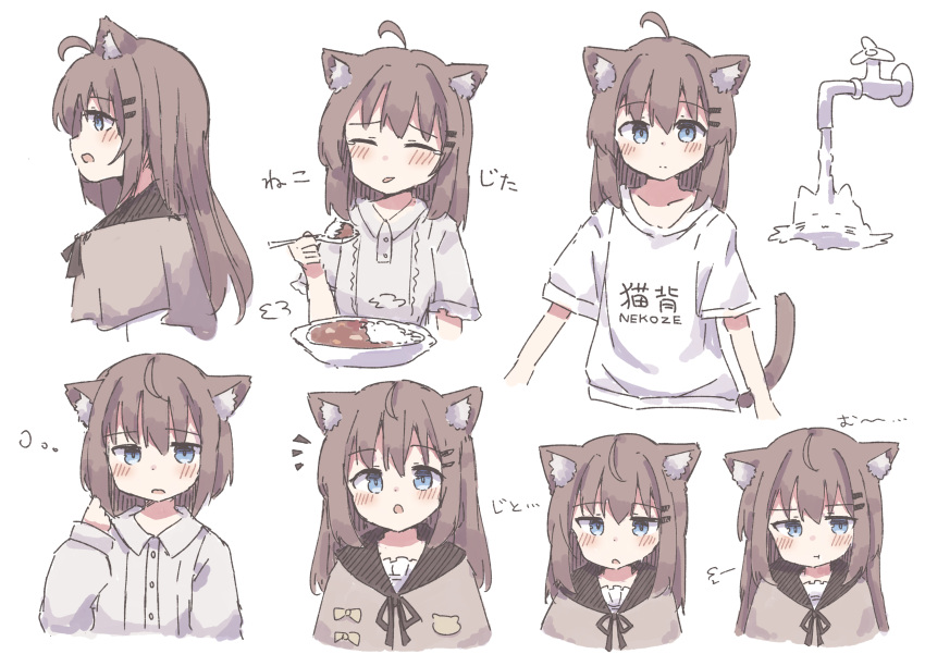 1girl :t =3 absurdres ahoge animal_ear_fluff animal_ears black_ribbon blue_eyes blush_stickers brown_capelet brown_hair capelet cat_ears cat_tail center_frills collarbone colon_br cropped_torso dot_nose ears_down expressions frilled_shirt frills from_side grey_hoodie hair_between_eyes hair_ornament hairclip highres hood hood_down hoodie long_hair long_sleeves looking_at_viewer multiple_views neck_ribbon original pout print_shirt ribbon shirt sidelocks simple_background solo straight_hair tail white_background white_shirt