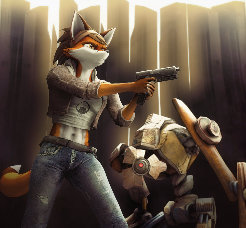 2023 3d_(artwork) alyx_vance anthro black_nose blue_bottomwear blue_clothing blue_jeans blue_pants bottomwear brown_clothing brown_hair canid canine clothing denim denim_clothing digital_media_(artwork) dog_(half-life) female fox fur gold97fox grey_clothing gun hair half-life_2 handgun hi_res holding_gun holding_handgun holding_object holding_pistol holding_weapon jeans machine mammal midriff navel orange_body orange_eyes orange_fur pants pistol ranged_weapon red_fox robot source_filmmaker warfare_machine weapon white_body white_fur