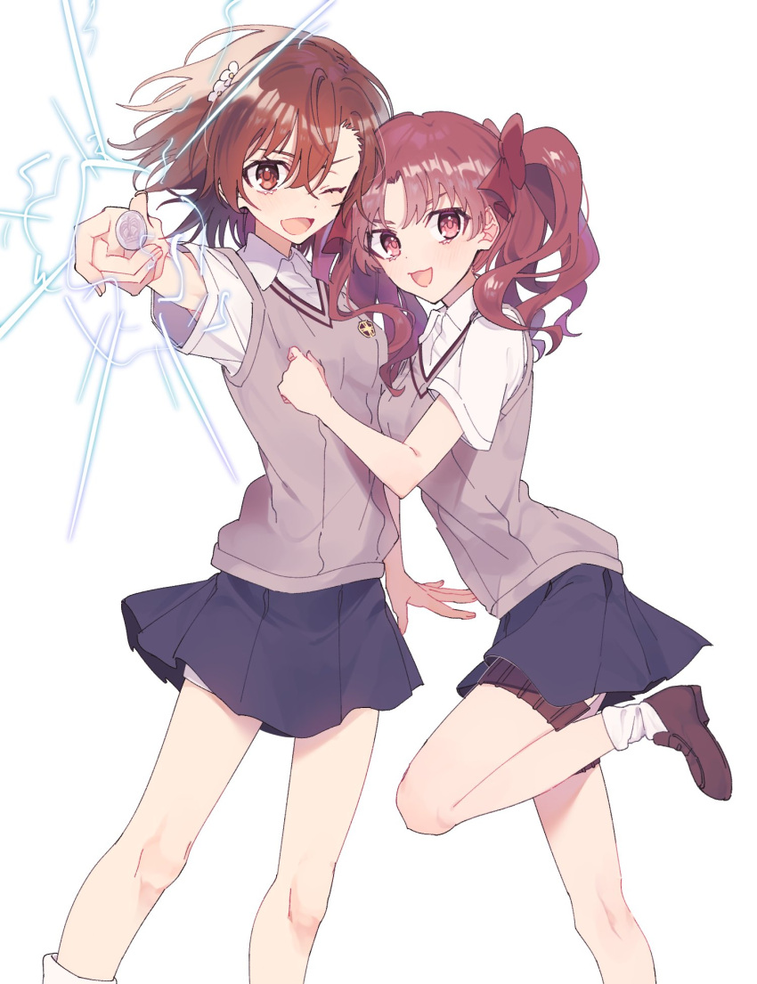 2girls :d ;d black_skirt bow brown_eyes brown_footwear brown_hair brown_sweater_vest coin collared_shirt commentary_request electricity hair_between_eyes hair_ornament hair_ribbon hairpin highres holding holding_coin holster leaning_on_person long_hair misaka_mikoto multiple_girls one_eye_closed pleated_skirt psychic red_bow ribbon roruku school_emblem school_uniform shirai_kuroko shirt short_hair skirt smile socks standing standing_on_one_leg sweater_vest thigh_holster toaru_kagaku_no_railgun toaru_majutsu_no_index tokiwadai_school_uniform twintails white_background white_shirt white_socks