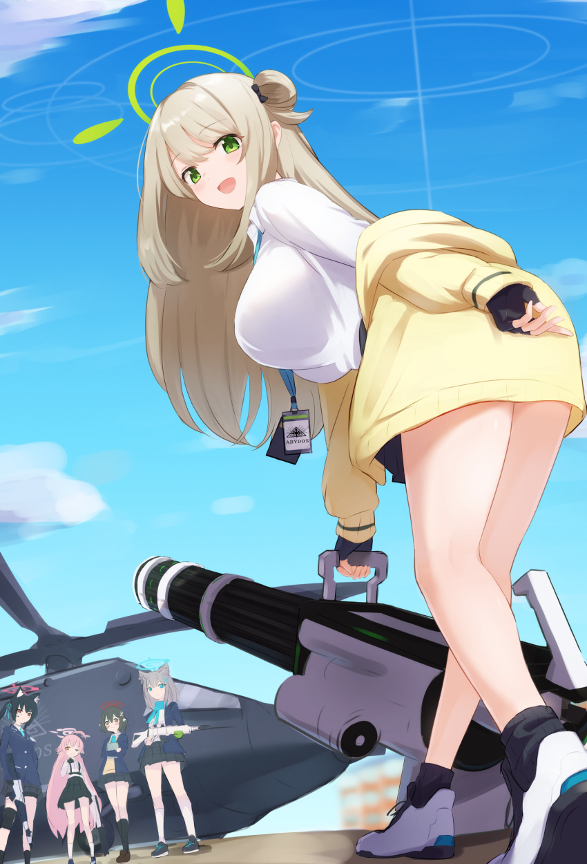 5girls :d aircraft animal_ears ayane_(blue_archive) black_gloves black_hair black_socks blonde_hair blue_archive blue_sky breasts cloud commentary_request fingerless_gloves gatling_gun gloves green_eyes green_halo grey_hair gun halo helicopter highres holding holding_gun holding_weapon hoshino_(blue_archive) id_card irrwisch jacket large_breasts leaning_forward long_hair long_sleeves looking_at_viewer looking_down multiple_girls nonomi_(blue_archive) off_shoulder open_mouth pink_hair serika_(blue_archive) shiroko_(blue_archive) shirt sky smile socks standing weapon white_footwear white_shirt yellow_jacket