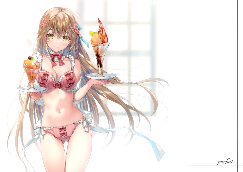 1girl absurdres bare_shoulders blush bow bow_bra bow_panties bra breasts closed_mouth detached_collar dual_wielding flower food frills hair_flower hair_ornament highres holding ice_cream ice_cream_cup light_brown_hair long_hair looking_at_viewer medium_breasts miwabe_sakura navel original panties parfait pink_bra pink_panties plate ribbon scan simple_background smile solo stomach thighs underwear window yellow_eyes