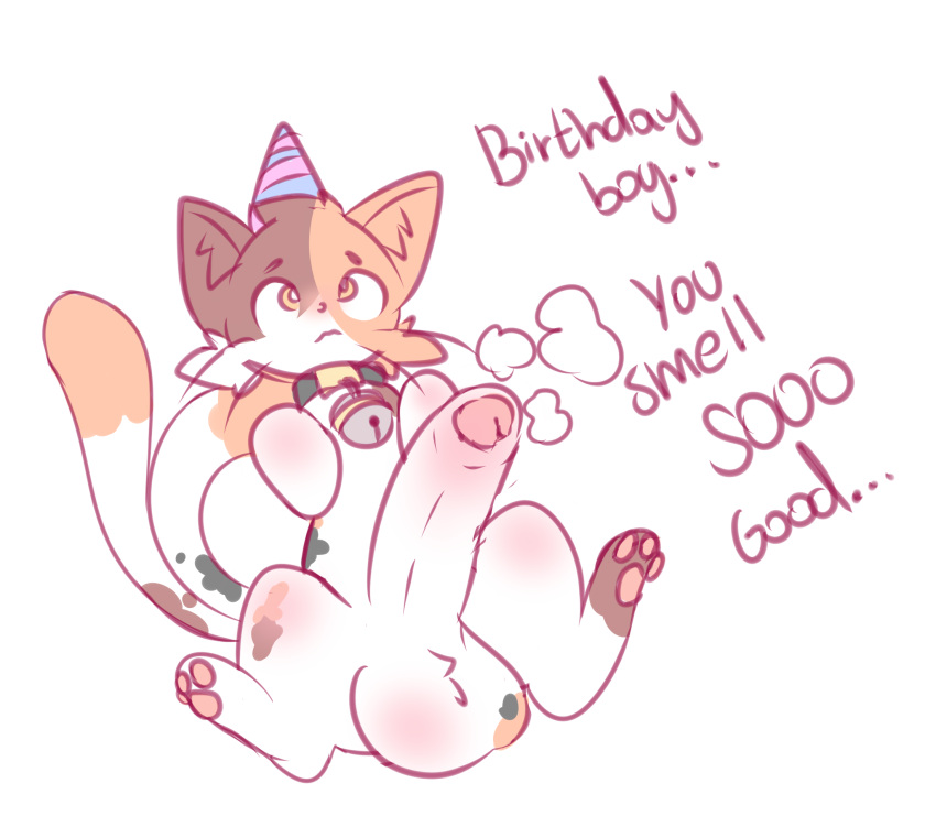 balls bell bell_collar big_balls big_penis birthday_hat butt calico_cat collar collar_only domestic_cat felid feline felis feral foreskin genitals hi_res jaspixie male mammal nude orange_eyes paws penis solo