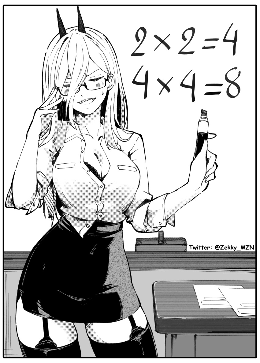 1girl absurdres adjusting_eyewear black-framed_eyewear black_bra black_garter_straps black_horns black_skirt black_thighhighs blush board_eraser border bra bra_peek breasts chainsaw_man cleavage closed_eyes collarbone collared_shirt commentary contrapposto covered_navel cowboy_shot crosshatching desk dress_shirt english_commentary garter_straps glasses hair_between_eyes halftone hands_up hatching_(texture) highres holding holding_marker horns indoors lace lace_bra large_breasts long_hair marker math monochrome office_lady open_mouth paper_stack partially_unbuttoned pencil_skirt power_(chainsaw_man) semi-rimless_eyewear sharp_teeth shirt skindentation skirt sleeves_rolled_up solo straight_hair sweatdrop teeth tented_shirt thighhighs twitter_username underwear untucked_shirt very_long_hair white_border white_hair white_shirt whiteboard zekky_monzz zettai_ryouiki