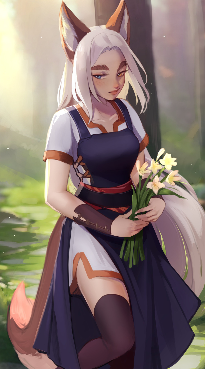 1girl absurdres animal_ear_fluff animal_ears black_thighhighs blue_eyes borrowed_character collarbone commentary day english_commentary flower fox_ears fox_girl fox_tail heterochromia highres holding holding_flower looking_away looking_to_the_side losse_(personal_ami) maewix_(artist) nature original outdoors short_sleeves side_slit smile solo tail thick_eyebrows thighhighs white_hair yellow_eyes