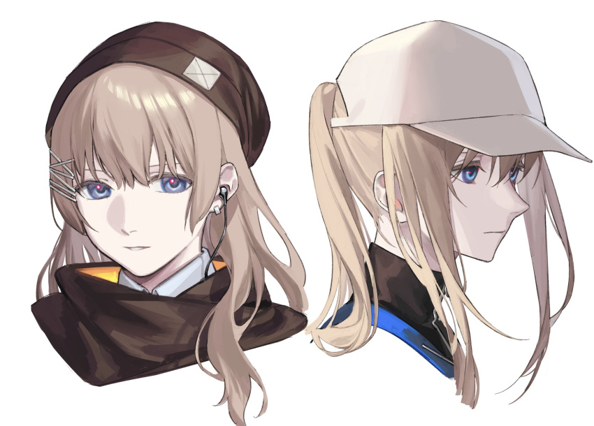 2girls baseball_cap beanie blonde_hair blue_eyes breasts brown_hair cropped_shoulders expressionless girls'_frontline hair_clipper hat highres long_hair looking_at_viewer medium_breasts mik_blamike multiple_girls parted_lips ponytail scar-h_(girls'_frontline) scar-l_(girls'_frontline) scarf sidelocks simple_background teeth white_background white_headwear