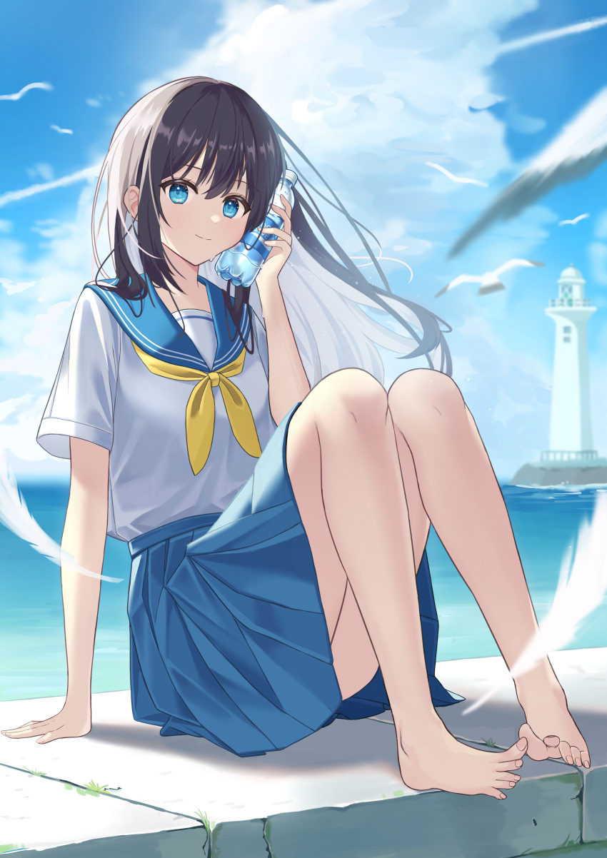 1girl absurdres barefoot bird black_hair blouse bottle highres lex_suri12 lighthouse long_hair neckerchief original pleated_skirt pocari_sweat ribbon sailor_collar school_uniform seagull serafuku shirt sitting skirt solo toes