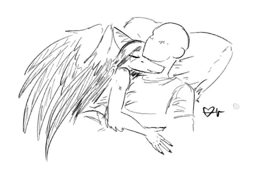 2023 anon_(snoot_game) anthro bald black_and_white claws cuddling dinosaur duo elbow_feathers eyes_closed faceless_character fang_(gvh) feathered_wings feathers female fingers goodbye_volcano_high heartsick hi_res human lying male male/female mammal monochrome on_back pterodactylus pterosaur reptile scalie signature sketch smile snoot_game snout wings