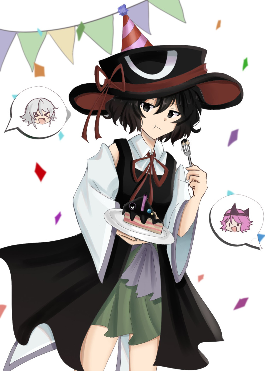 3others :t bare_shoulders birthday black_eyes black_hair black_headwear black_vest cake cake_slice collared_shirt confetti detached_sleeves eating enraku_tsubakura eye_on_hat food fork green_skirt grey_hair hat hat_ribbon highres houlen_yabusame large_hat len'en long_sleeves multiple_others neck_ribbon party_hat pennant pink_hair red_ribbon ribbon shion_(len'en) shirt short_hair skirt string_of_flags temshi top_hat triangular_headpiece vest white_sleeves wide_sleeves