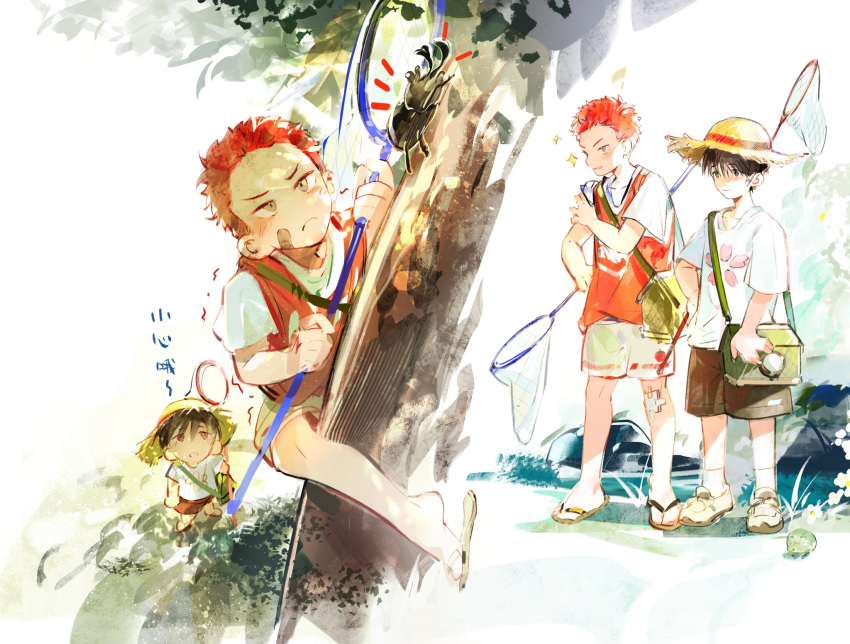 2boys aged_down bandage_on_knee bandaid bandaid_on_face beetle black_eyes black_hair brown_shorts bug bug_hunting butterfly_net child climbing_tree closed_mouth full_body hand_net hat highres holding holding_butterfly_net insect_cage looking_up male_focus mito_youhei multiple_boys multiple_views open_mouth outdoors red_hair red_shirt rhinoceros_beetle sakuragi_hanamichi shirt short_hair shorts slam_dunk_(series) smile straw_hat summer translation_request tree two-tone_shirt vidave1 white_shirt white_shorts