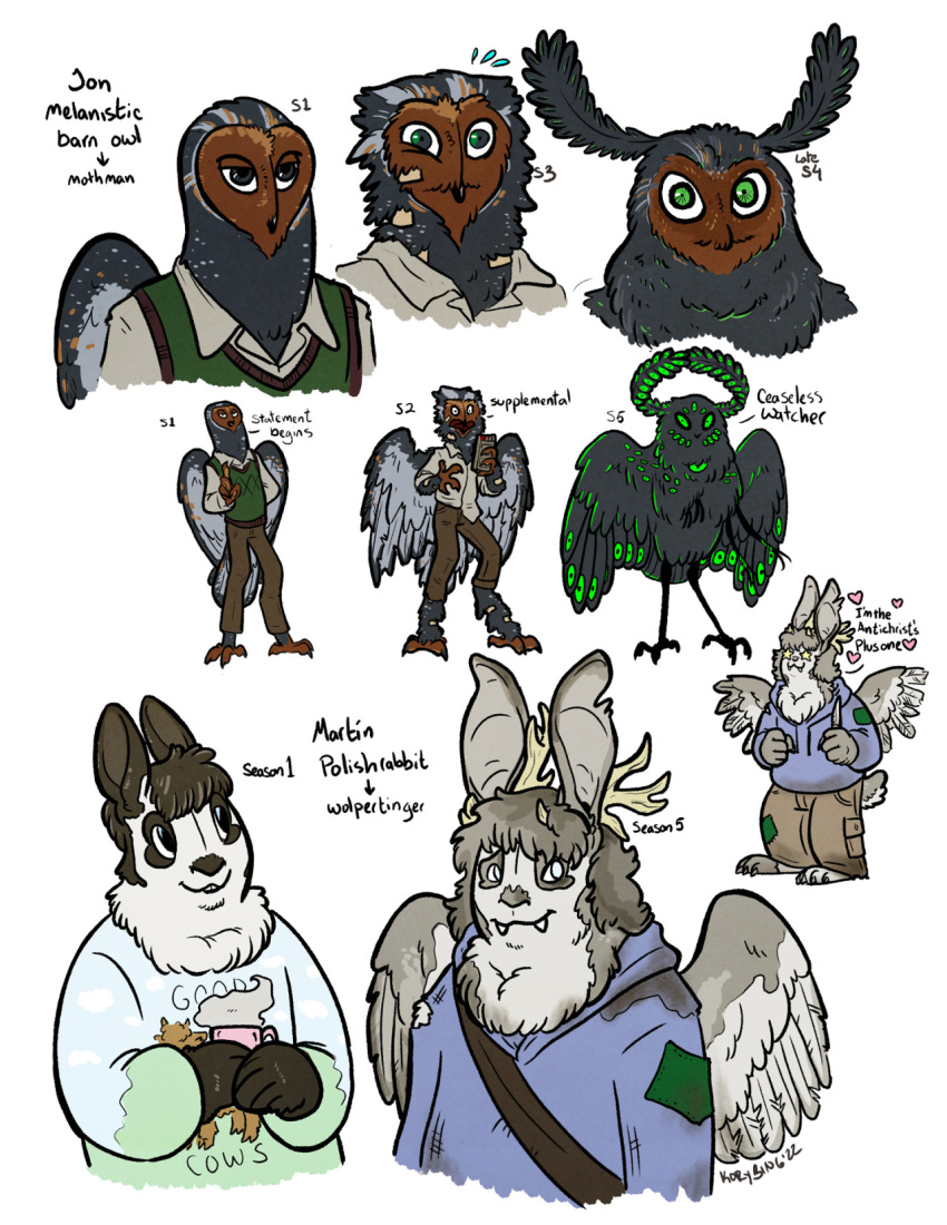 &lt;3 alternate_species anthro antlers avatar_(tma) avian avian_feet barn_owl bird bottomwear brown_hair cargo_pants clothed clothing dress_shirt duo english_text eye_avatar_(tma) fangs feathered_wings feathers fluffy fully_clothed furrification hair hi_res hoodie horn jonathan_sims knife kory_bing lagomorph leporid long_ears male mammal martin_blackwood masked_owl multi_eye owl pants rabbit shirt sweater sweater_vest teeth text the_magnus_archives topwear transformation tytonid vest wings wolpertinger