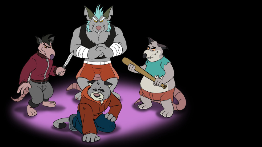 anthro baseball_bat bat_(object) belly bottomwear brok_the_investigator clothing dart_(brok_the_investigator) domestic_cat felid feline felis generic_rat_(brok_the_investigator) graff_filsh grey_body group hi_res hoodie humanoid_hands kins_(brok_the_investigator) knife male mammal microminag murid murine official_art overweight overweight_male pants rat rodent shirt shorts topwear