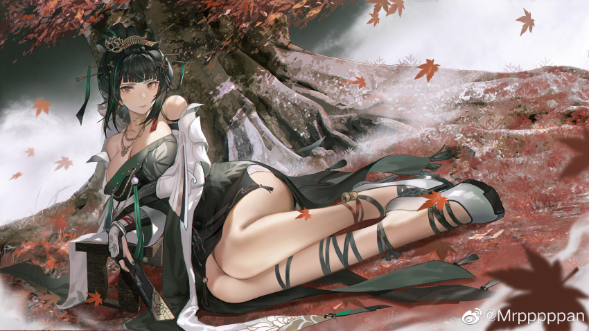1girl absurdres asymmetrical_legwear autumn autumn_leaves bare_shoulders bench black_dress black_hair black_ribbon blunt_bangs blurry blurry_foreground breasts brown_eyes china_dress chinese_clothes chinese_commentary cleavage collarbone dress earrings falling_leaves folding_fan full_body hair_bun hair_ornament hand_fan hanying_(punishing:_gray_raven) high_heels highres holding holding_fan jewelry large_breasts leaf light_smile long_sleeves looking_at_viewer lying maple_leaf medium_hair mole mole_under_eye nature necklace official_art outdoors pppppan punishing:_gray_raven ribbon single_hair_bun sitting solo tassel tassel_earrings thighs tree under_tree watermark yokozuwari