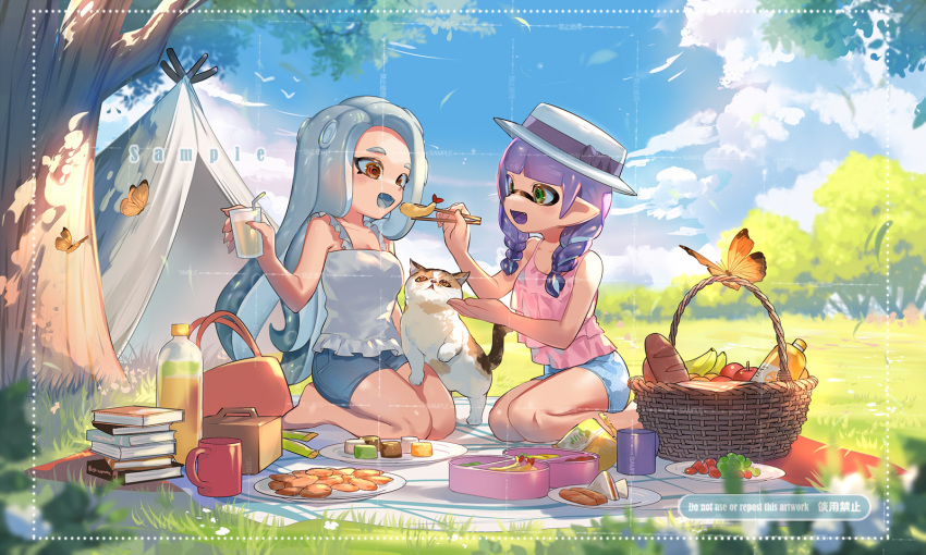 2girls armpit_crease blunt_bangs bow breasts brown_eyes cat cleavage day denim denim_shorts drill_hair drink fang frilled_shirt frills green_eyes greyscale hat highres holding holding_drink inkling inkling_girl jinkobanana long_hair medium_breasts monochrome multicolored_clothes multicolored_headwear multiple_girls octoling octoling_girl open_mouth outdoors picnic pink_shirt purple_bow purple_hair purple_headwear seiza shirt shorts sidelocks sitting splatoon_(series) twin_drills white_headwear white_shirt