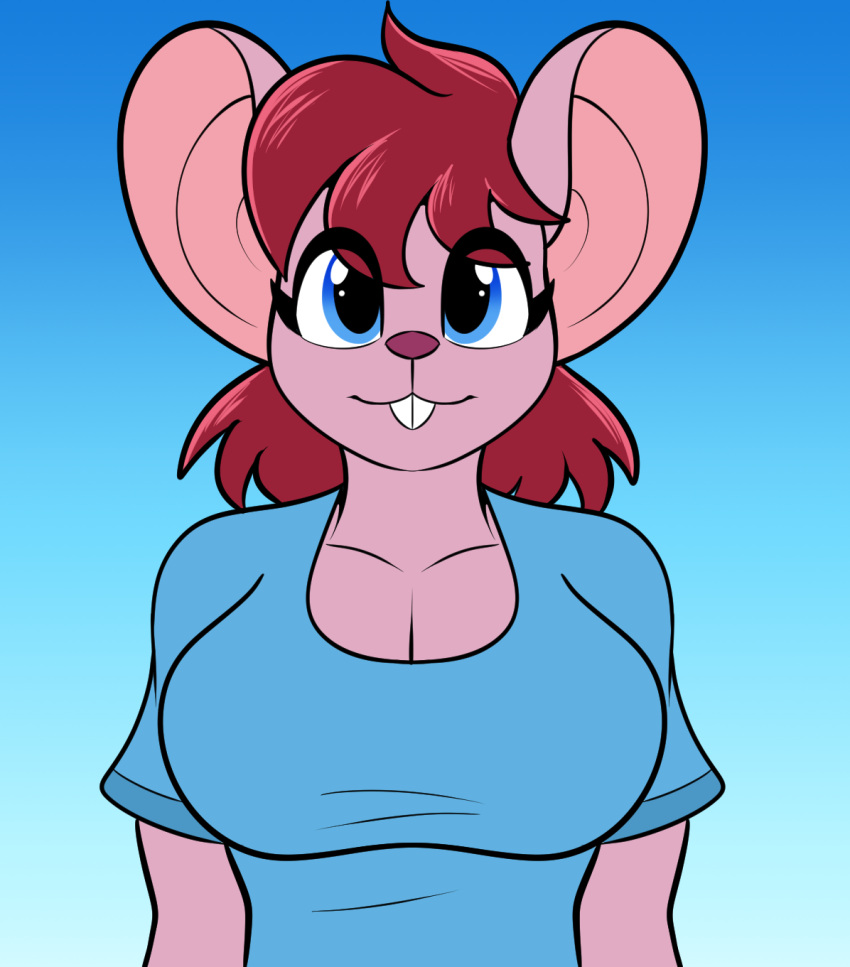 anthro big_breasts big_ears blue_eyes breasts buckteeth bust_portrait cleavage clothed clothing female front_view gwen_(swiftsketch) hair hi_res mammal mouse murid murine pink_body pink_hair pink_nose portrait rodent shirt solo swiftsketchpone t-shirt teeth topwear