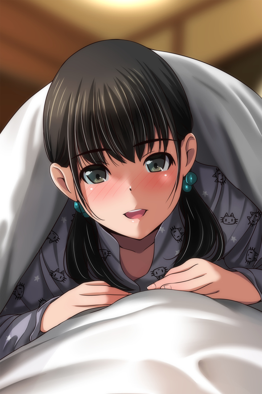 1girl absurdres bed_sheet black_hair black_pajamas blurry blurry_background blush brown_eyes hair_bobbles hair_ornament highres looking_at_viewer lying matsunaga_kouyou on_stomach open_mouth original pajamas short_twintails smile solo teeth twintails under_covers upper_teeth_only