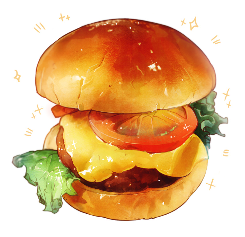 burger cheese food food_focus highres lettuce meat no_humans original simple_background sparkle still_life tomato tomato_slice torianco3 white_background