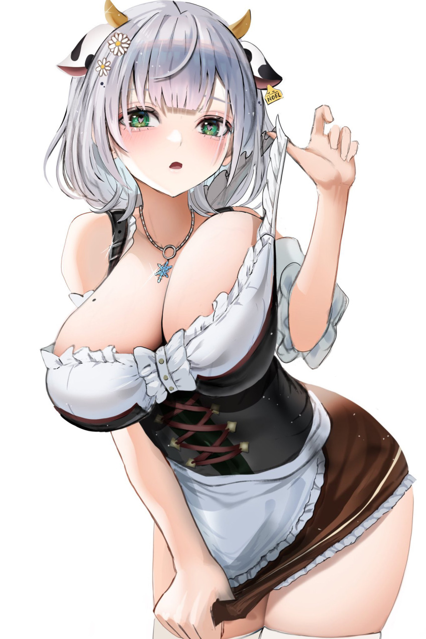 1girl animal_ears apron black_corset blush breasts cleavage corset cow_ears cow_horns flower german_clothes gold_necklace green_eyes grey_hair hair_flower hair_ornament heart heart-shaped_pupils highres hololive horns jewelry large_breasts looking_at_viewer maid maid_apron medium_hair necklace official_alternate_costume open_mouth shirogane_noel shirogane_noel_(dirndl) solo symbol-shaped_pupils tk@illustration virtual_youtuber white_background