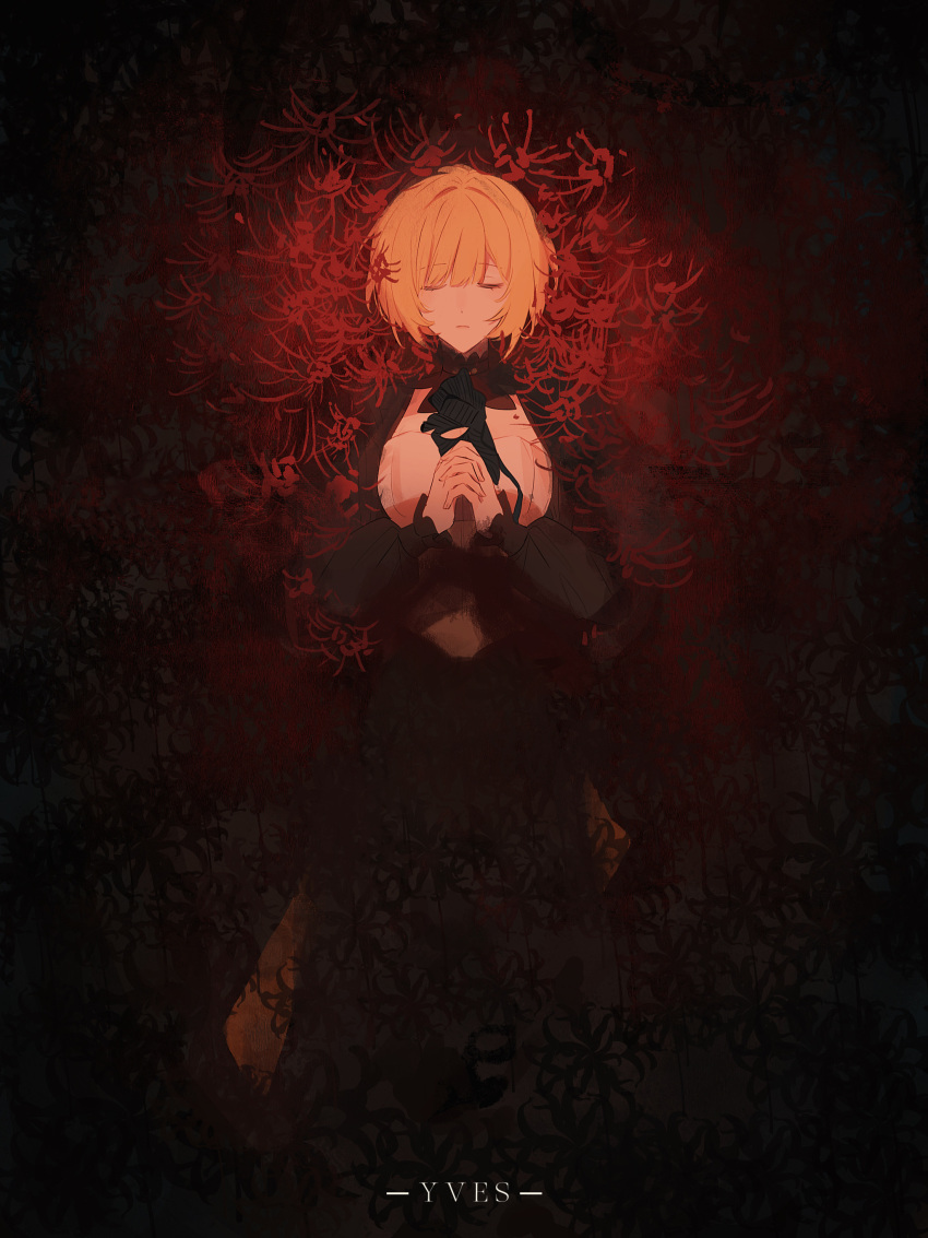 1girl absurdres black_sleeves blonde_hair ceres_(shuuen_no_virche) closed_eyes closed_mouth facing_viewer flower highres lying on_back own_hands_together red_flower shirt short_hair shuuen_no_virche skirt solo spider_lily w047 white_shirt yellow_skirt
