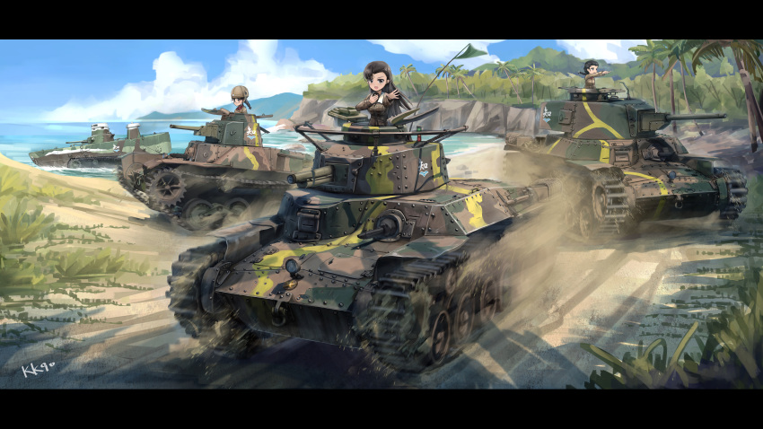 3girls :d absurdres artist_name black_border black_hair border brown_headwear brown_jacket camouflage caterpillar_tracks chi-hatan_(emblem) chi-hatan_military_uniform cloud cloudy_sky commentary driving emblem fukuda_haru girls_und_panzer glasses highres jacket kk90 long_hair long_sleeves military military_vehicle motor_vehicle multiple_girls nishi_kinuyo pointing sand sky smile special_type_2_launch_ka-mi splashing sun tamada_tamaki tank type_95_ha-gou type_97_chi-ha type_97_lmg vehicle_focus water wheel white_background