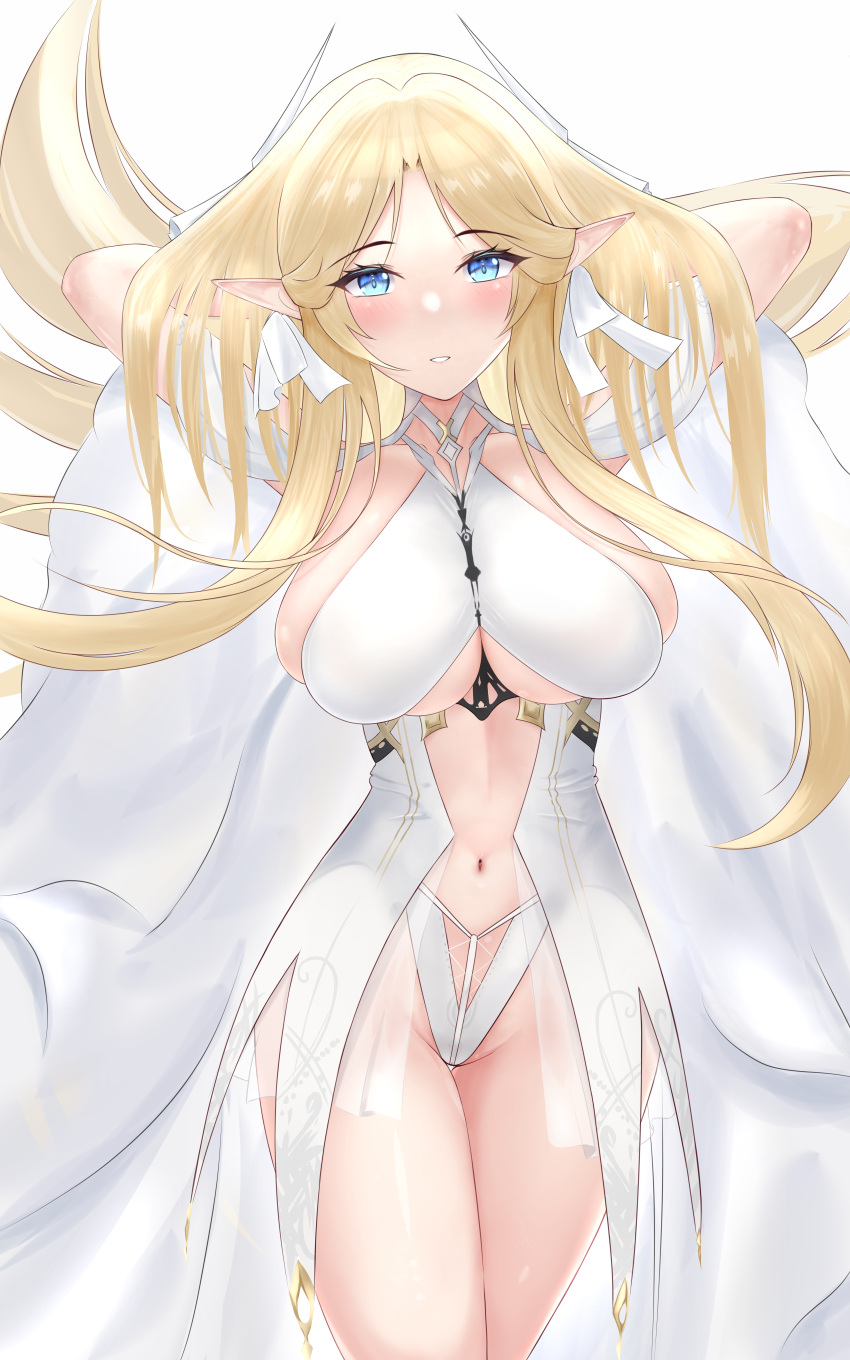 1girl absurdres arms_behind_head azur_lane blonde_hair blue_eyes breasts brest_(azur_lane) clothing_cutout cowboy_shot dress hands_in_hair highres large_breasts leotard long_hair looking_at_viewer pointy_ears revealing_clothes rklk simple_background solo underboob_cutout very_long_hair white_background white_dress white_leotard