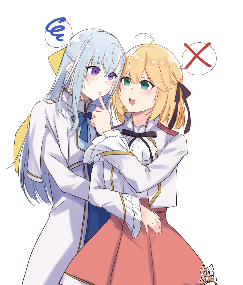 2girls ahoge akira_miku_ver anisphia_wynn_palettia arms_around_waist ascot blonde_hair blue_bow blush bow bowtie braid braided_bangs commentary_request dress euphyllia_magenta finger_to_another's_mouth green_eyes grey_hair hair_between_eyes hair_bow hair_ribbon highres long_hair long_sleeves looking_at_another multiple_girls open_mouth purple_eyes ribbon shirt simple_background skirt smile spoken_squiggle spoken_x squiggle tensei_oujo_to_tensai_reijou_no_mahou_kakumei white_background white_shirt wide_sleeves yellow_bow yuri