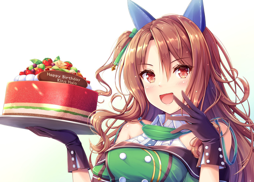 1girl akashio_(loli_ace) animal_ears breasts brown_hair cake character_name detached_sleeves food fruit gloves hair_between_eyes hair_ornament happy_birthday highres horse_ears horse_girl king_halo_(umamusume) long_hair looking_at_viewer medium_breasts red_eyes simple_background solo umamusume white_background