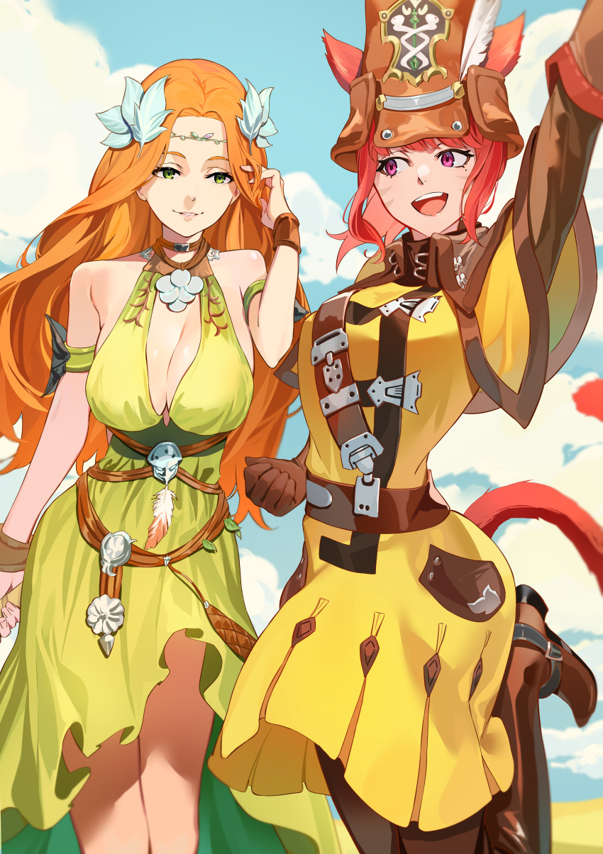 2girls absurdres animal_ears avatar_(ff14) boots breasts cat_ears cat_tail commission dress facial_mark final_fantasy final_fantasy_xiv gloves green_dress green_eyes hat highres ibaraki_shun large_breasts long_hair looking_at_another miqo'te multiple_girls nophica open_mouth orange_hair red_eyes red_hair short_hair skeb_commission tail thigh_boots whisker_markings