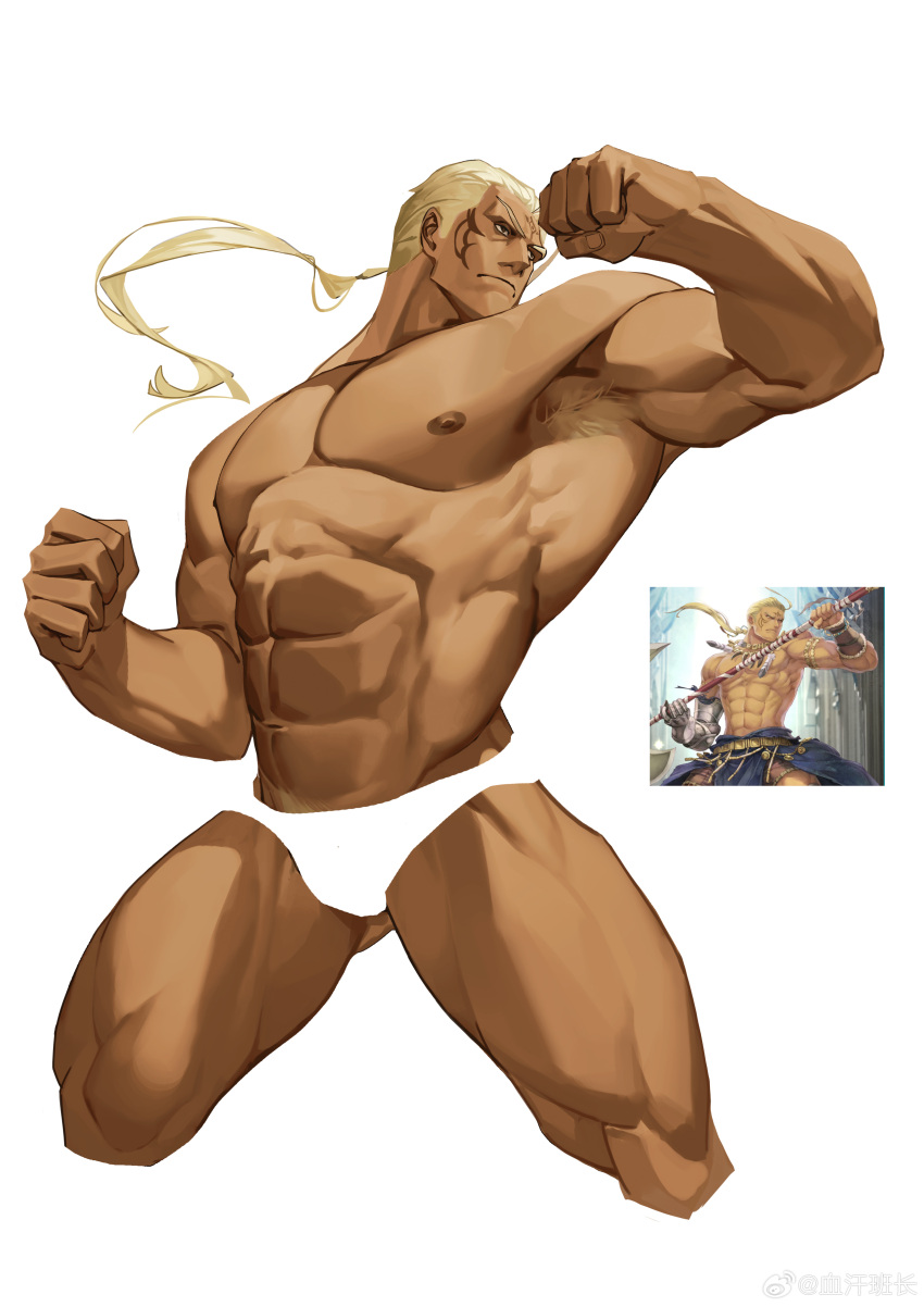 1boy abs absurdres armpit_hair armpits ass_visible_through_thighs bara bulge character_request cropped_legs fighting_stance fire_emblem highres huge_pectorals male_focus mature_male muscular muscular_male my_eight navel nipples reference_inset solo strongman_waist thick_eyebrows thick_thighs thighs topless_male white_background